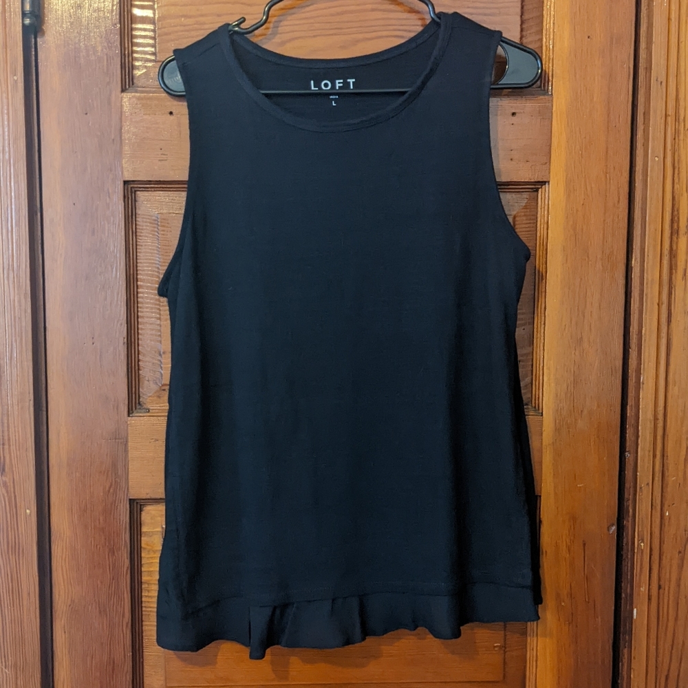LOFT Navy Blue Mixed Media Tank with chiffon hem at front, size Large